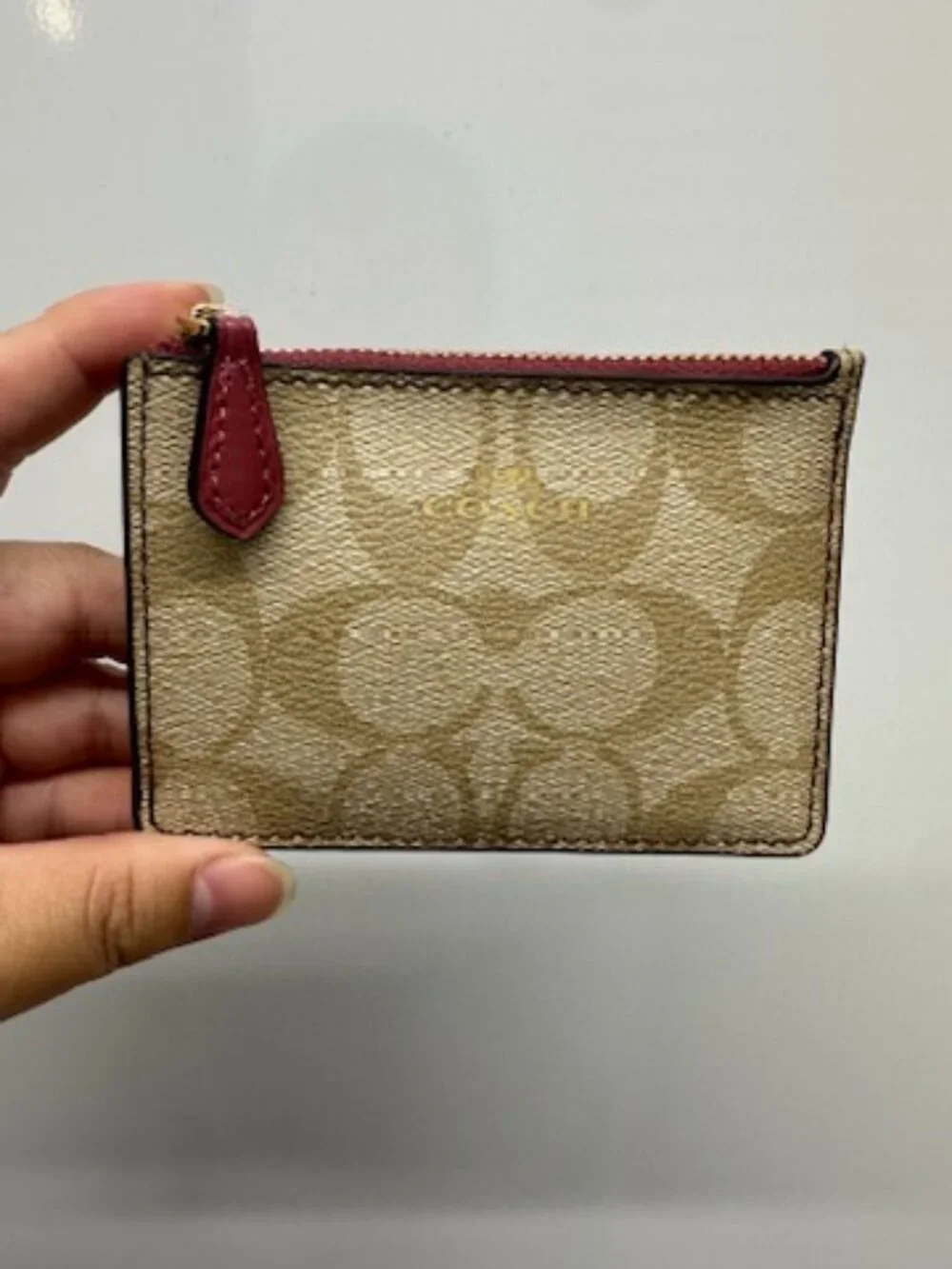 NWT! RARE! Coach F16107 Women Signature Mini Skinny ID Case In Light Khaki Rouge